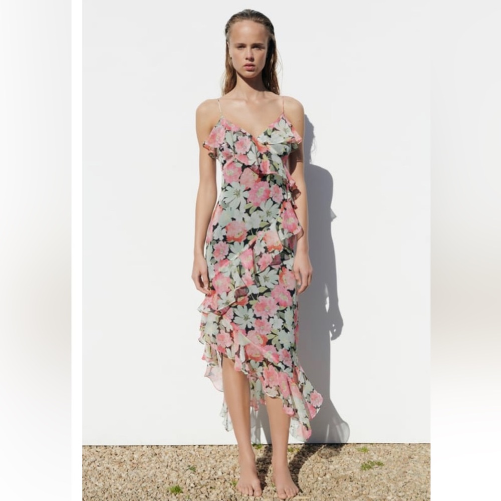 Zara RUFFLED PRINT DRESS sz S